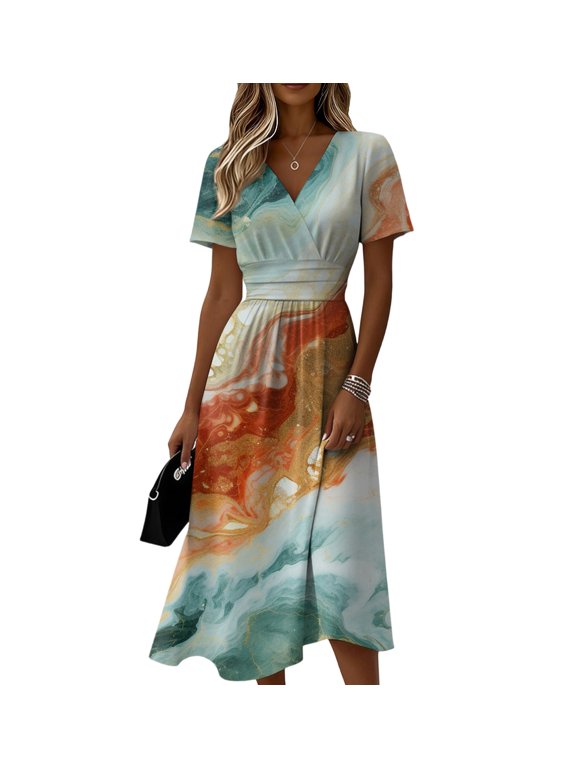 Spring Dress for Women Short Sleeve Casual Floral Sundress Beach Vacation V Neck Midi Dress Trendy Boho Dress with Pockets Saffron S