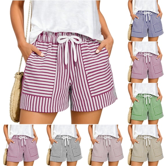 UDAUDU Striped Shorts Women Loose Drawstring Beach Soft Shorts High Rise Wide Leg Casual Striped Summer Pants Short with Expanding Pockets Purple S