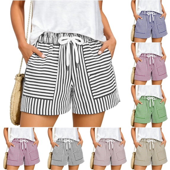 UDAUDU Striped Shorts for Women with Expanding Pockets Loose Drawstring Beach Soft Shorts High Rise Wide Leg Striped Summer Pants Short Black L