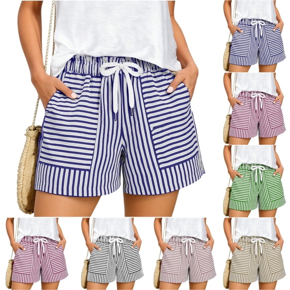 UDAUDU Striped Shorts for Women with Expanding Pockets Loose Drawstring Beach Soft Shorts High Rise Wide Leg Striped Summer Pants Short Blue L