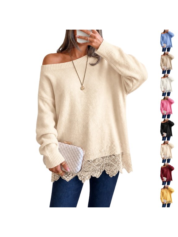 Sweater for Women Lace Patchwork Long Sleeve Boat Neck Pullovers Floral Hem One Shoulder Styling Soft Knit Relaxed Fit Casual Fall Winter Clothes 2XL
