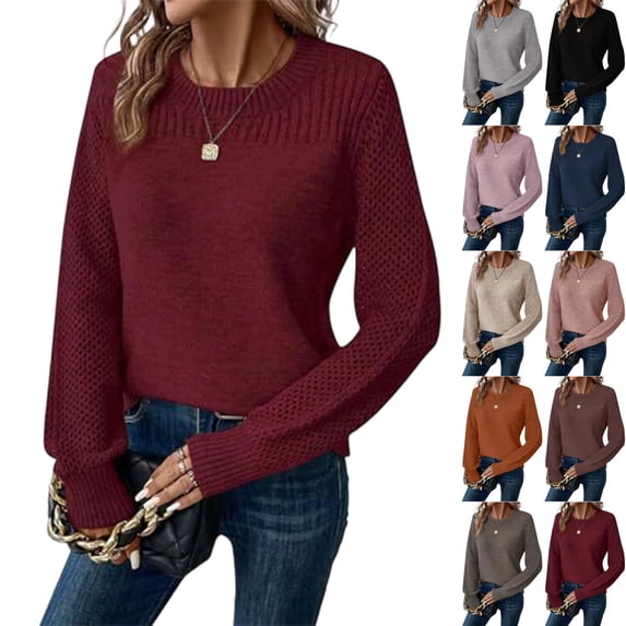 UDAUDU Sweaters for Women Casual Long Sleeve Crewneck Crochet Knit Pullover Sweater Tops Fall Fashion Trendy Outfits Deep Red XL