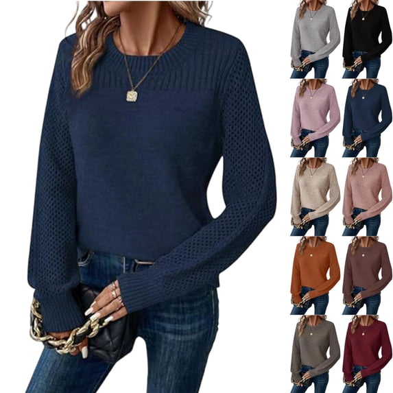 UDAUDU Sweaters for Women Casual Long Sleeve Crewneck Crochet Knit Pullover Sweater Tops 2026 Fall Fashion Trendy Outfits Navy 2XL