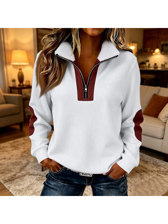 Sweatshirts for Women Trendy Long Sleeve with Elbow Patches Quarter Zip Collared Pullover Tops Cozy Wool Shirts Lightweight Fall Winter Sweatshirts White M