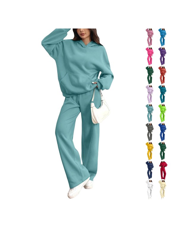 Sweatsuits Women 2 Piece Outfit Fleece Cute Oversized Hoodies Y2k High Waisted Baggy Wide Leg Sweatpants with Pockets L