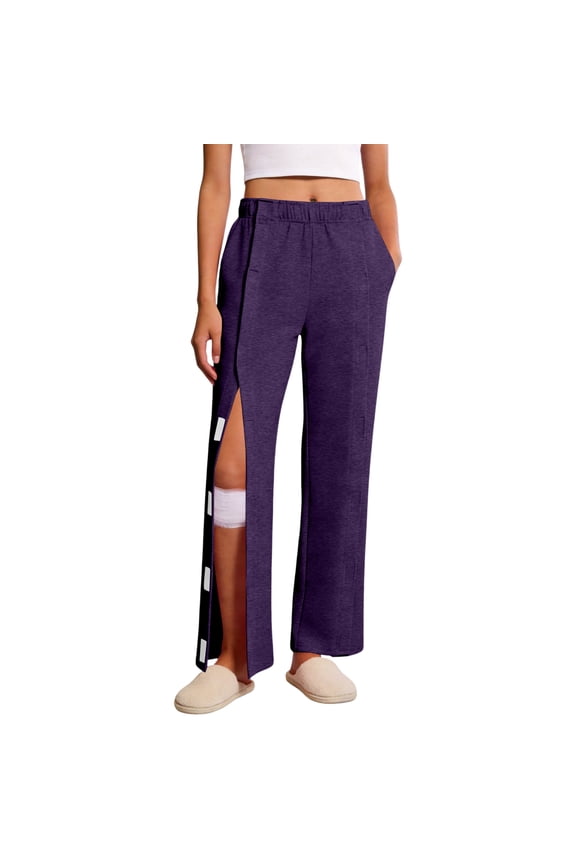 Tear Away Pant for Women Side Split Easy Full Open Post Surgery Breakaway Lounge Casual Loose Fit Recovery Hip Knee Ankle Long Magic Tape Pants with Pockets Dark Purple S