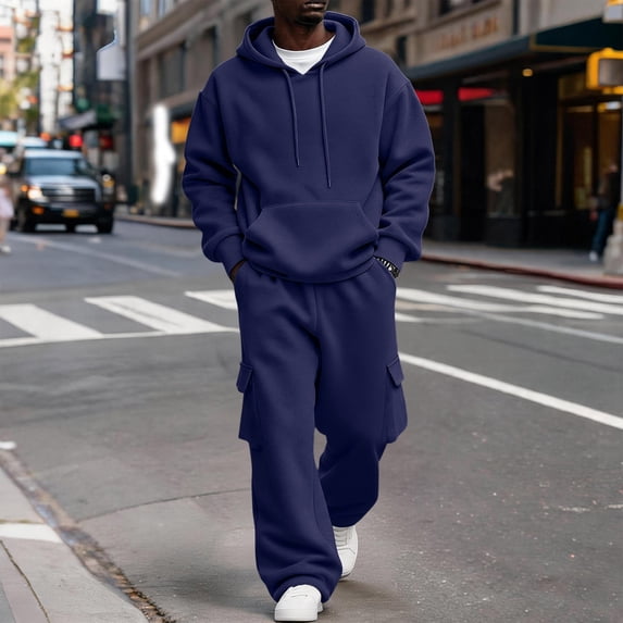UDAUDU Track Suits Mens 2 Pieces Set Fleece Cargo Sweatpants Matching Athletic Casual Pullover Hooded Sweatshirts Fall Fashion Winter Sweatsuit Set with Pockets Navy L