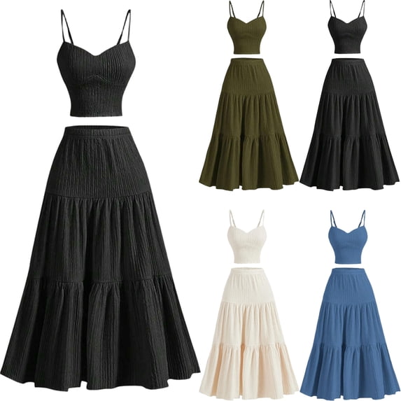 UDAUDU Two Piece Smocked Dress Set for Women Cami Top & Ruffle Hem Maxi Skirt Summer Set Black 2XL