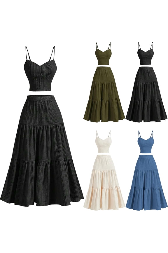 Two Piece Smocked Dress Set for Women Cami Top & Ruffle Hem Maxi Skirt Summer Set Black 2XL