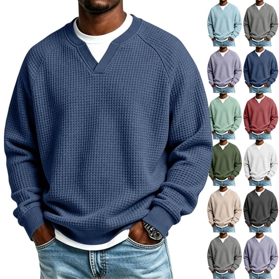 UDAUDU Waffle Sweatshirt for Men Casual Lightweight Long Sleeve Polo Shirts Loose Fit Pullover Tops Sweaters Fashion Fall Clothes Navy L