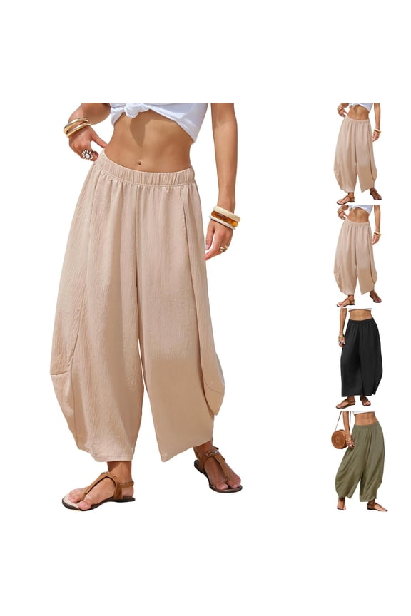 Wide Leg Linen Pants for Women 2026 Summer Beach High Waisted Drawstring Palazzo Trousers Casual Loose Harem Pants with Pockets White L