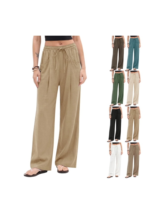 Wide Leg Pants for Women Linen Elastic High Waisted Casual Palazzo Pant Travel Vacation Beach Trousers with Pockets Camel S
