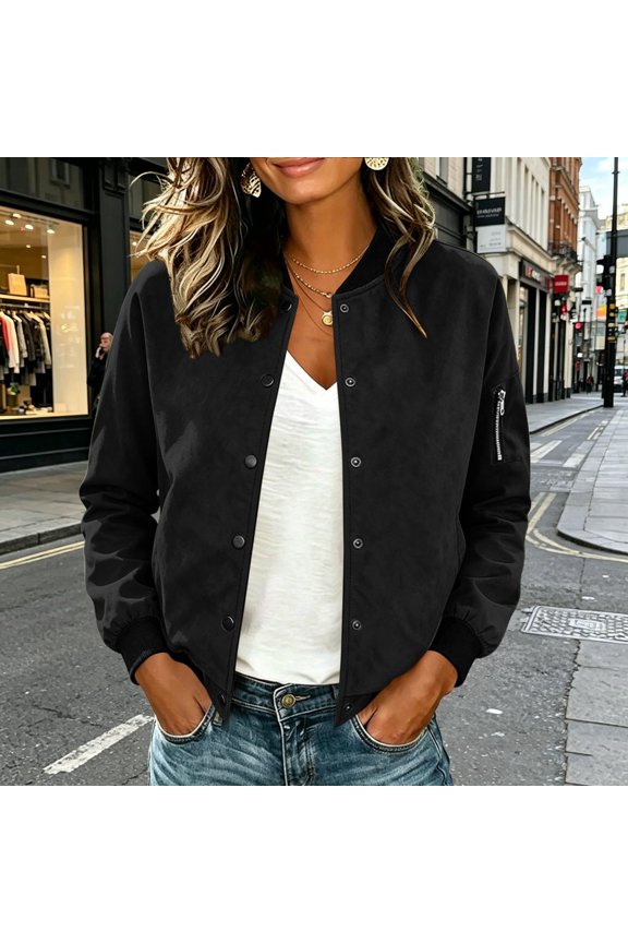 Women Casual Jacket Lightweight Long Sleeve Bomber Jackets Button Dowm Coat 2026 Fall Trendy Work Clothes with Pockets Black L