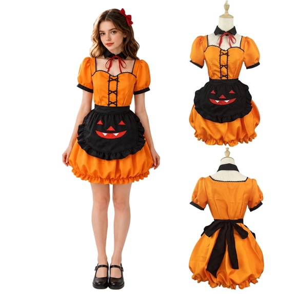 UDAUDU Women Halloween Pumpkin Maid Cosplay Costume Short Puff Sleeve Orange Dress with Pumpkin Print Apron Halloween Party Fancy Dress Outfit for Cosplay Themed Party S-5XL