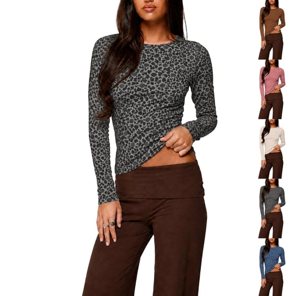 UDAUDU Women Leopard Print Long Sleeve Tops Underscrub Polkadot Casual Comfort Slim Fit Going Out Shirt XL