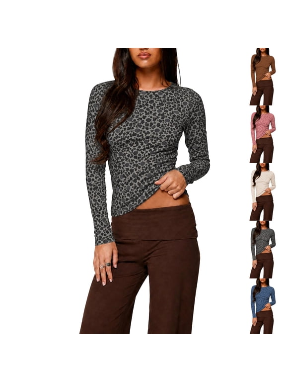 Women Leopard Print Long Sleeve Tops Underscrub Polkadot Casual Comfort Slim Fit Going Out Shirt XL