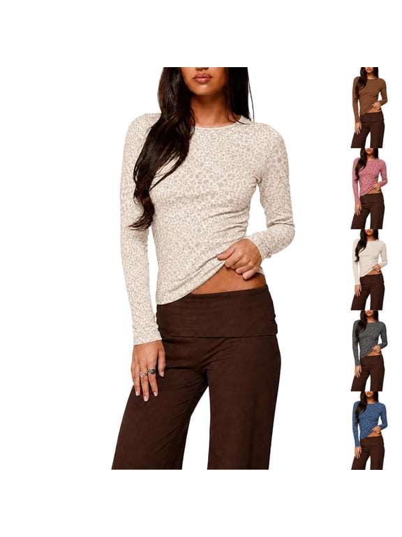 Women Leopard Print Top Long Sleeve Casual Y2K Underscrub Shirt Crew Neck Slim Fit Fall Winter Shirts L