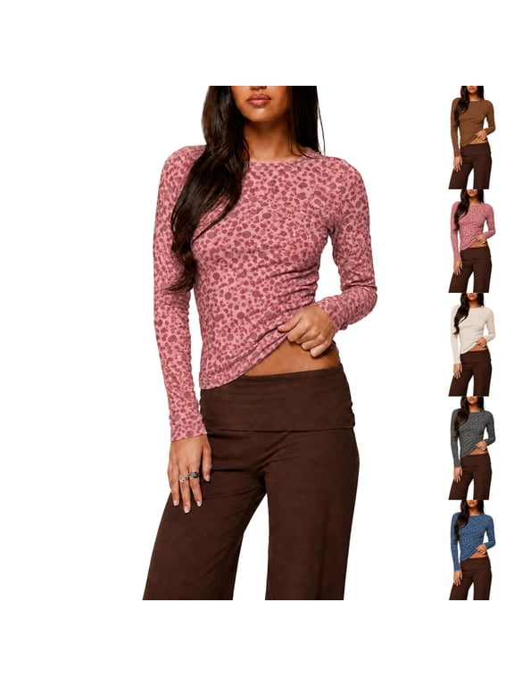 Women Leopard Print Top Long Sleeve Casual Y2K Underscrub Shirt Crew Neck Slim Fit Fall Winter Shirts M
