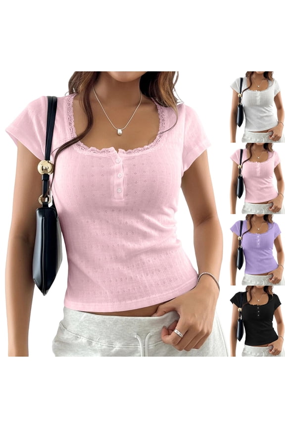 Women Short Sleeve Tops Y2K Button Up Lace Patchwork Crop Tshirt Tops Slim Fit Scoop Neck Henley Summer Tee Pink S