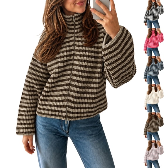 UDAUDU Women Striped Cardigan Sweater Vest Fall Winter Zip Up Knit Long Sleeve Mock Neck Casual Office Wear Tops 2XL