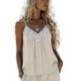 thumbnail image 1 of UDAUDU Women Tank Tops Sleeveless Lace Trim Linen Spaghetti Strap Cami Shirts V Neck Casual Summer Smocked Tops Beige L, 1 of 6