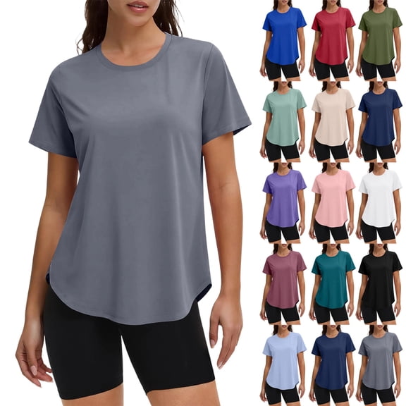 UDAUDU Women Workout Tops Quick Dry UPF 50+ Yoga Shirts Short Sleeve Athletic Tops with Side Slits Running Gym Tee Top Loose Fit Tops Dark Gray M