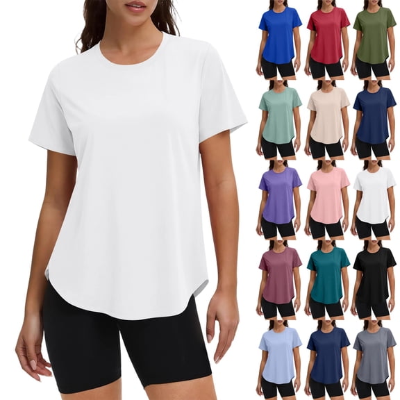 UDAUDU Women Workout Tops Quick Dry UPF 50+ Yoga Shirts Short Sleeve Athletic Tops with Side Slits Running Gym Tee Top Loose Fit Tops White M