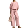thumbnail image 1 of UDAUDU Women's Summer Linen Set Button Down Puff Sleeve Shirt And Drawstring Pants Two Piece Outfit Pink S, 1 of 5