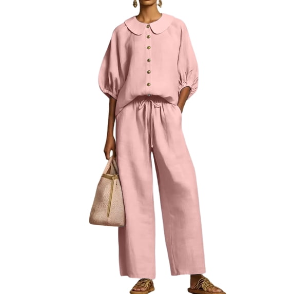 UDAUDU Women's Summer Linen Set Button Down Puff Sleeve Shirt And Drawstring Pants Two Piece Outfit Pink S