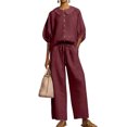 thumbnail image 1 of UDAUDU Women's Summer Linen Set Button Down Puff Sleeve Shirt And Drawstring Pants Two Piece Outfit Wine S, 1 of 5