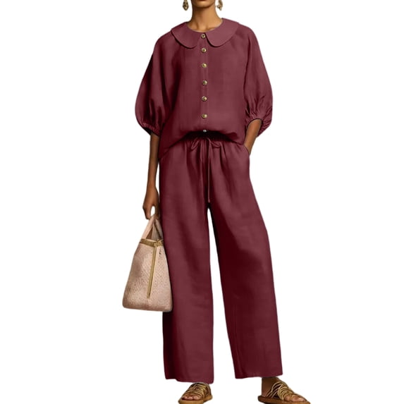 UDAUDU Women's Summer Linen Set Button Down Puff Sleeve Shirt And Drawstring Pants Two Piece Outfit Wine S