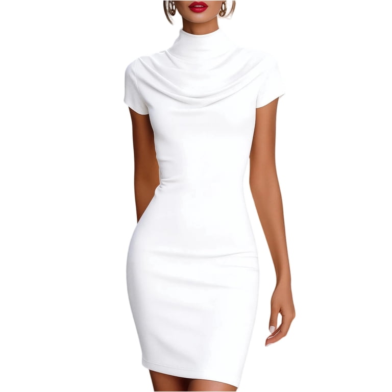 white cowl neck bodycon dress UDAUDU Womens Mini Dresses Summer Short Sleeve Elegant Cocktail Party Wedding Guest Short Army Green S Size:6XL-14/16 Years