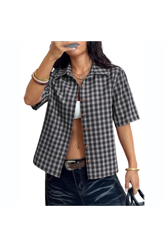Women's Button Down Shirt Y2k Plaid Print Collared Vintage Short Sleeve Tops Preppy Clothes Streetwear Black L