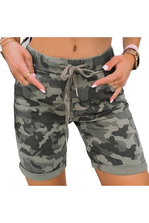Women's Camo Shorts Dressy Casual Elastic Waist 7" Summer Cotton Utility Denim Shorts with Pockets Camouflage XL