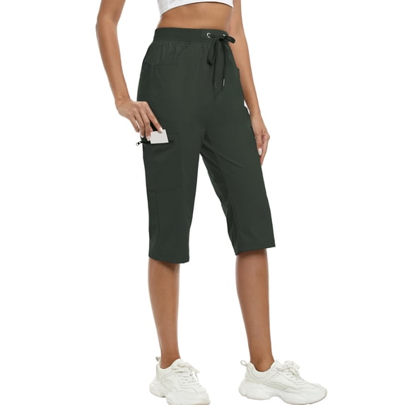 UDAUDU Women's Capri Pants 2026 Lightweight Quick Dry Ice Cool Capris Casual Summer Trip Loose Fit Shorts with Pockets Green M