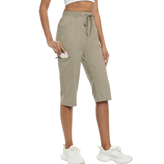 UDAUDU Women's Capri Pants 2026 Lightweight Quick Dry Ice Cool Capris Casual Summer Trip Loose Fit Shorts with Pockets Khaki M