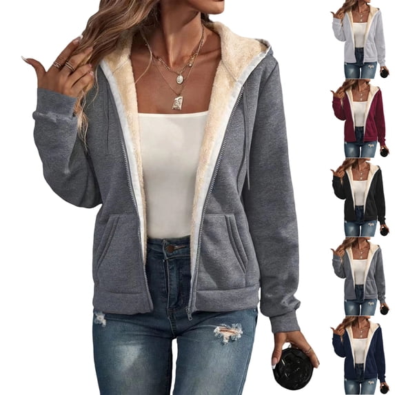 UDAUDU Women's Casual Full Zip Up Sherpa Lined Hoodie 2026 Fall Fashion Sweatshirt Jacket Winter Coat Dark Gray 2XL