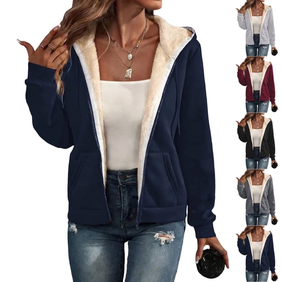 UDAUDU Women's Casual Full Zip Up Sherpa Lined Hoodie 2026 Fall Fashion Sweatshirt Jacket Winter Coat Navy 2XL