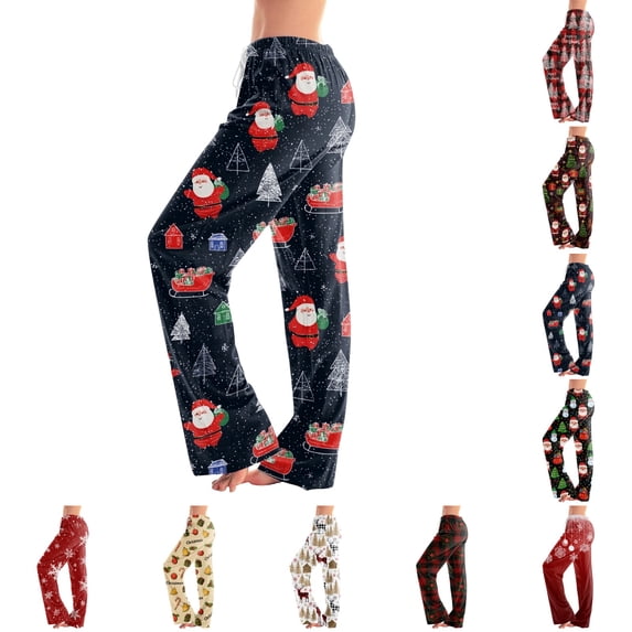 UDAUDU Women's Christmas Pajamas Pants Sleepwear Christmas Print Pj Pants Drawstring Stretch Holiday Sleep Pants 2XL