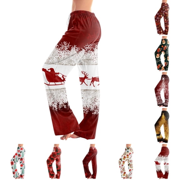 UDAUDU Women's Christmas Pajamas Pants Sleepwear Christmas Print Wide Leg Lounge Pants Elastic Waist Loose Fit Fall Pajama Pants 2XL