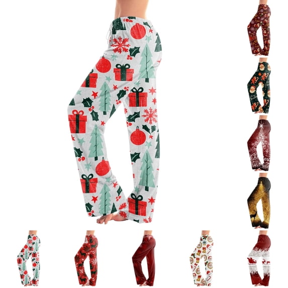 UDAUDU Women's Christmas Pajamas Pants Sleepwear Cute Print Wide Leg Pants Elastic Waist Casual Palazzo Pants XL