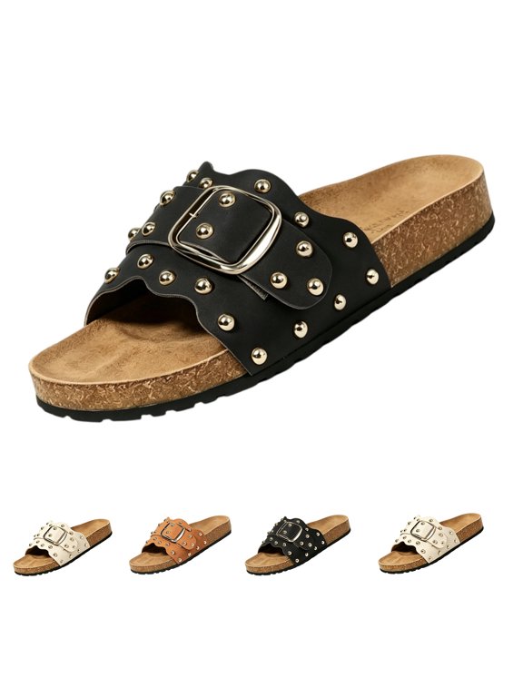 Women's Cork Footbed Sandals Comfortable Adjustable Buckle Flat Mules Slide Sandals Fashion Studded Open Toe Slip On Summer Shoes Casual Walking Outdoor Footwear Flatform Sandals Black Size 8