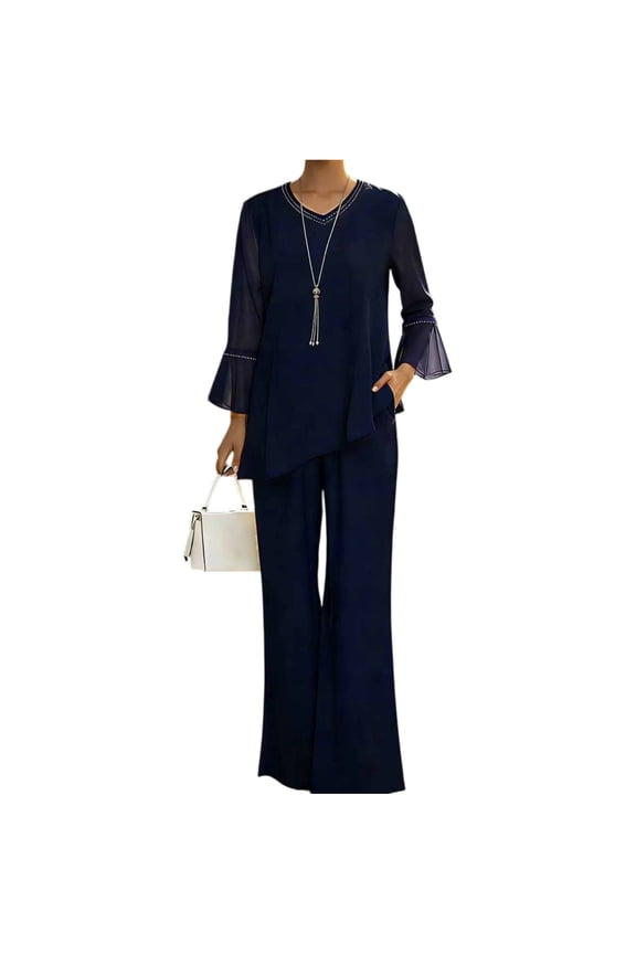 Women's Elegant Two Piece Outfit Flare Sleeve Chiffon Blouse And High Waist Wide Leg Pants Set Navy 2XL