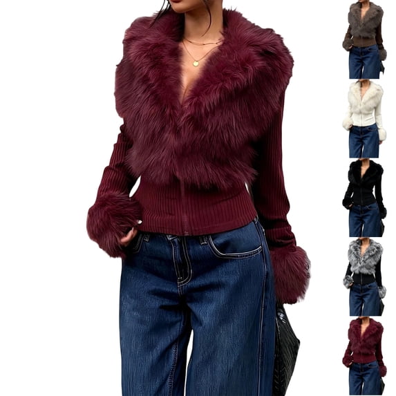 UDAUDU Women's Faux Fur Jacket Collared Zip Up Jacket 2026 Fall Fashion Clothes Long Sleeve Slim Fit Winter Going Out Coats L