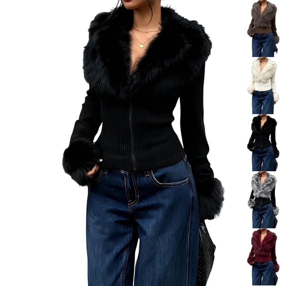 UDAUDU Women's Faux Fur Jacket Zip Up Collared Jacket Fall Winter Trendy Clothes Long Sleeve Slim Fit Going Out Coats S