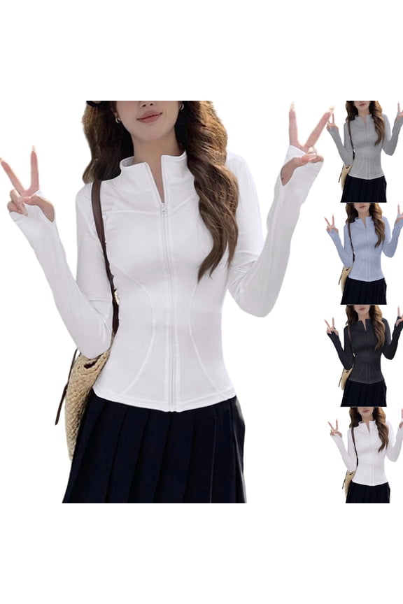 Women's Full Zip Up Workout Jacket Slim Fit Lightweight Yoga Running Athletic Gym Sports Jacket Cropped Tops with Thumb Holes White XL