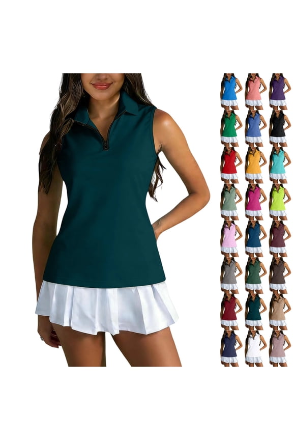 Women's Golf Shirt Sleeveless 1/4 Zip Polo Shirts Collared Tennis Tank Tops Lightweight Athletic T Clothes Dark Green S