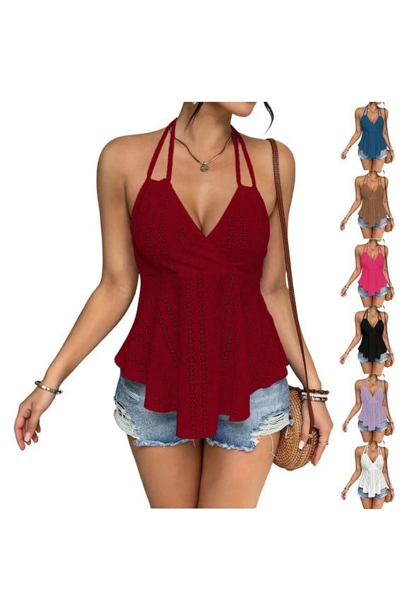 Women's Halter Neck Eyelet Peplum Top V Neck Sleeveless 2026 Summer Cami Tops for Going Out Wine M