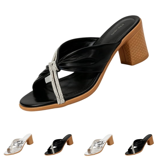 UDAUDU Women's Heeled Sandals Rhinestone Low Block Heels Bow Dressy Sandals Comfortable Open Slip On Wedding Summer Prom Elegantes Dress Shoes Chunky Heel Shoes Black