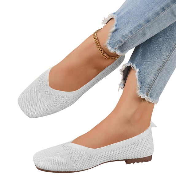 UDAUDU Women's Knit Ballet Flats Breathable Slip On Shoes Square Toe Business Casual Flats Comfortable Dressy Walking Shoes Gray 7.5 Wide